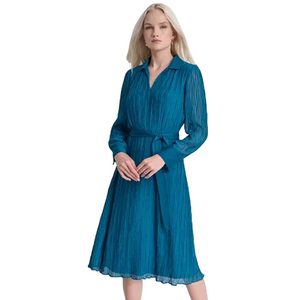 DKNY Crinkle Polo-Collar Tie-Waist Dress turquoise size 10 long sheer sleeves